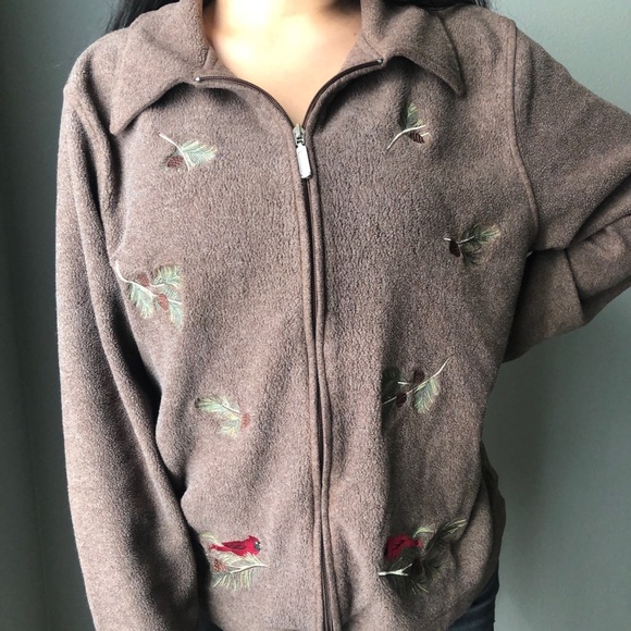 Holiday Lodge Brown Cardinal Embroidered Full Zip Sweater Size XL - Picture 1 of 4